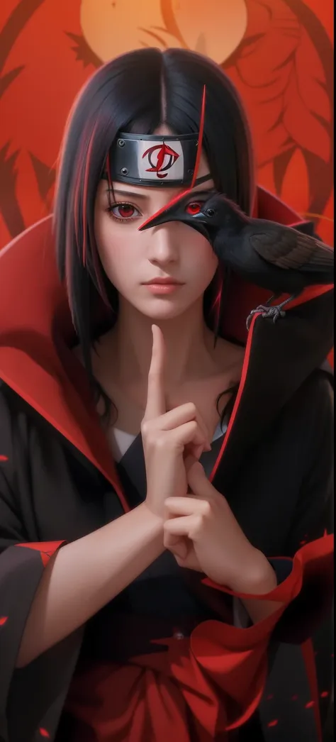 a close up of a woman with a bird on their hand, itachi uchiha, itachi, itatchi uchiha, female, akatsuki akira, badass anime 8 k...