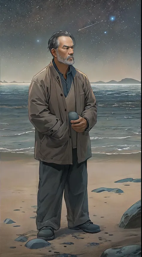 A middle-aged man holding a stone, deep in thought, with a desolate coastline devoid of seafood, ,in the style of the stars art group xing xing, 32k, best quality, masterpiece, super detail, high details