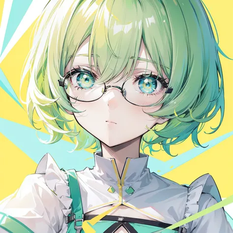 pastel green，short yellow hair，Fluorescent milky white，Blue-yellow pupils，Black thin-rimmed glasses，Yellow, Green and white clothes，Super nice looking, Especially cute and cute childish loli