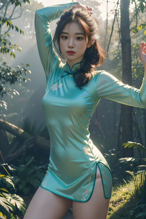 (full bodyesbian:1.），(1girll:1.3)，(anatomy correct:1.4),(Dance in the green forest:1.2),(Wear a cheongsam:1.2),(cabellos largos dorados:1.2),(Accurate and perfect face:1.3),(Long legs:1.5),hyper HD, Ray traching, reflective light， structurally correct, Awa...