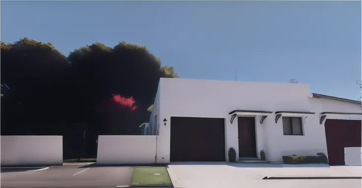 There is a white building with a red flower on the front, [ Fotorrealismo 4K ], ((gta 5 casa screenshot)), em estilo de realismo simplificado, renderizado no lumion pro, Lumion Pro rendering, realism rendering, renderizado em irreal, renderizado no Unreal ...