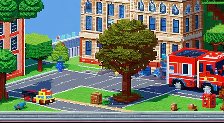 pixel game，scenography，Fire engines， Pixel art #pixelart
