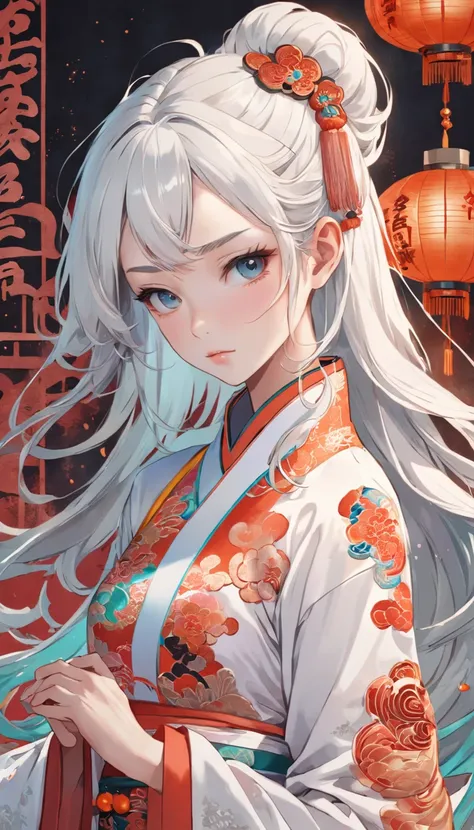 Royal Sister，Cold and glamorous，Raised sexy，on cheongsam，Embroidery，(1boys，White color hair，closeup cleavage， colorfull long hair, Oriental elements)，(Super refined，Chinese illustration:1.3，paper art:1.3, Quilted paper art:1.2),( reasonable design, Clear l...