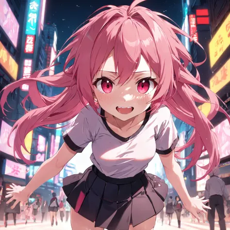 Anime girl smiles, Pink hair, Messy hair, Red eyes, Cute face, Girlfriend looks, White top, black short skirt, a sexy pose