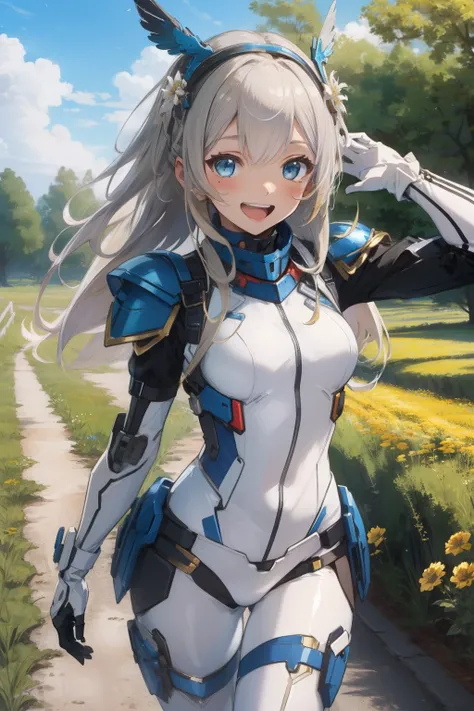 (​master piece, Best Quality),  Intricate details, valkyrie, Happy smile, (((Laugh))), Hand up, Looking at Viewer, Feather Headgear,  flower meadow, 
1 girl in, Solo, Portrait, Tentacle plutinum blonde hair, single thighhigh, white Independent single sleev...