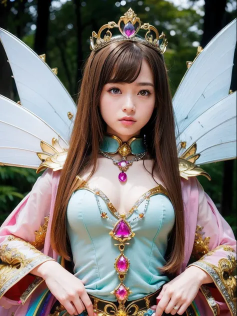 Professional , ​masterpiece、top-quality、photos realistic , depth of fields （Gemstone Silver Metal Body:1.９),(Matte White Pink、Jewel Gold Weapon、（Gorgeous castle background）、（ultimate beauty girl）、（Rainbow fairy wings grow）、Particles of light、（Metal body of...