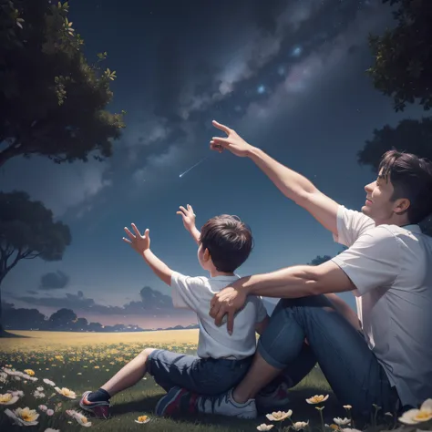 Father and son sitting on the ground watching the starry sky in the midst of nature ezuberantam many trees and flowers, Father Points to Heaven, Theyre smiling and talking, ultra-realista, Arte Digital, 8k, unreal engine render 8