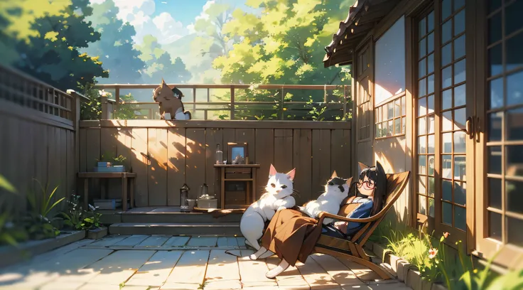 The healing cute style of natural scenery, the cute animal image with thin-rimmed metal-framed glasses, the warm and bright sunny atmosphere in the background, and the beautiful scene of leisure.