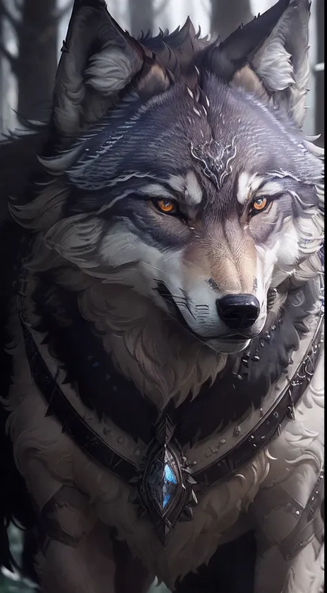 Masterpiece, best quality, ((Beautifully detailed Wolf)) (very detailed CG Unity 8k wallpaper), professional majestic oil paintings by Ed Blinky, Athea Gaylan, Studio Ghibli, Jeremy Mann, Greg Manchessa, Antonio Moro, popular on ArtStation, trending Midjou...