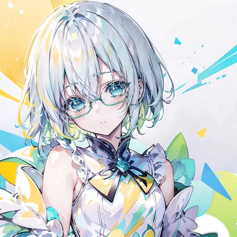 pastel green，short yellow hair，fluorescent milky white，blue-yellow pupils，black thin-rimmed glasses，yellow, green and white clot...