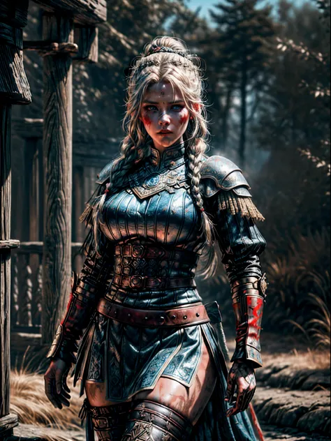 (masterpiece, ultra-high resolution:1.4), (lagertha photo of a blonde Viking warrior with braided hair:1.3), (tall stature and captivating blue eyes that emit a certain glow and light:1.4), (Sony Alpha 1 camera, renowned for capturing the highest level of ...