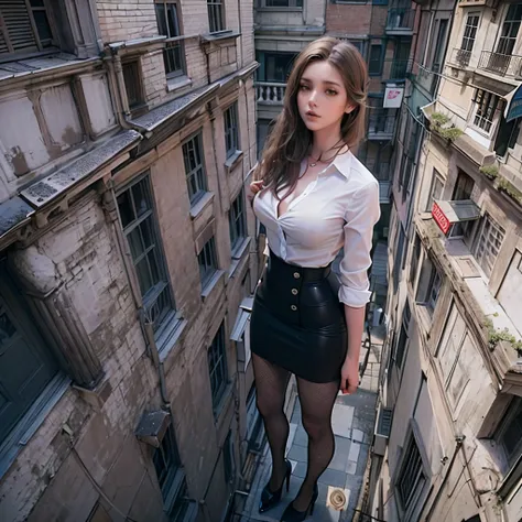 1 tall girl，Full body photo，Stand in a small alley，White tight shirt，Big breasts，pencil skirts，black lence stockings，stiletto，(Long legs:1.7),Extremely tall girl，Above the house，Beautiful looks，Delicatemakeup，Perfect lighting，Cinematic quality，8K,High qual...