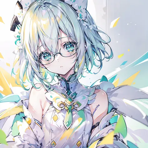 pastel green，short yellow hair，Fluorescent milky white，Blue-yellow pupils，Black thin-rimmed glasses，Yellow, Green and white clothes，Super nice looking, Especially cute and cute childish loli