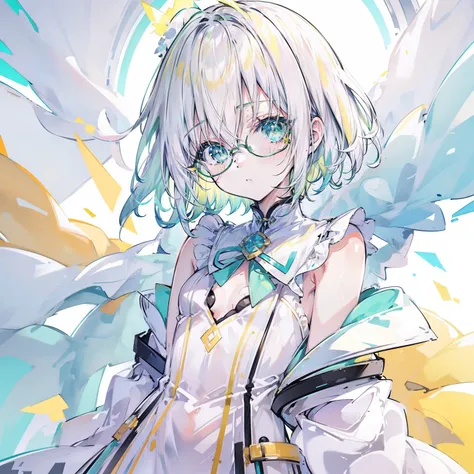 pastel green，short yellow hair，fluorescent milky white，blue-yellow pupils，black thin-rimmed glasses，yellow, green and white clot...