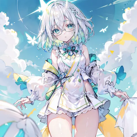 pastel green，short yellow hair，Fluorescent milky white，Blue-yellow pupils，Black thin-rimmed glasses，Yellow, Green and white clothes，Super nice looking, Especially cute and cute childish loli