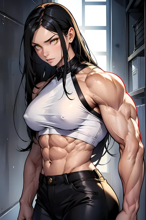 (((((1 girl))))), black hair, yellow eyes, very long hair, ((((((muscular)))))), tall, pale skin, (seductive expression)