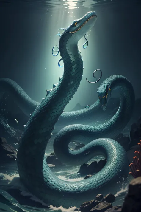 A snake in the water，There is light on it, sea serpent, serpentine water monster, serpent, tentacles rising from the sea, jormungandr, ethereal eel, jörmungandr, author：Adam Maczynski, serpent body, Snake, big long hell serpent octopus, wallpaper mobile, 3...