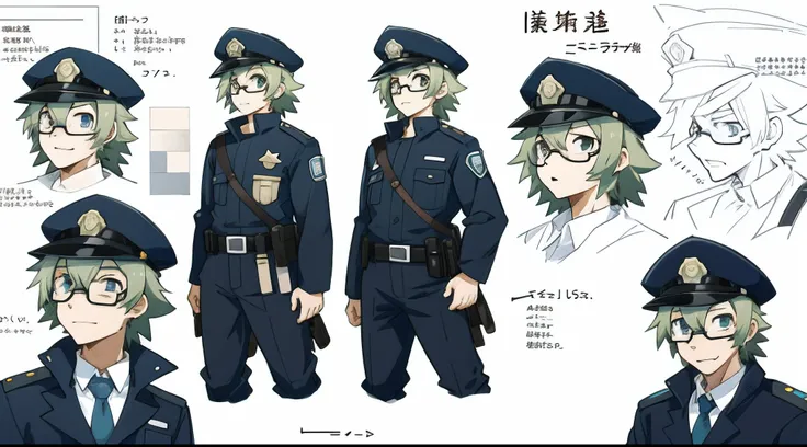 standing kemono boy, three view drawing, front and side and back, character sheet, character design police man!!, anime character, glasses, facial expressions, Detailed description of the character, text,