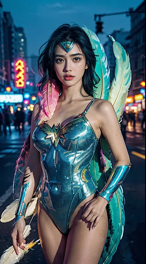 masterpiece, top quality, best quality, official art, beautiful and aesthetic:1.2), (1girl:1.3), extremely detailed, wonder women,in the city of neon(shiny skin), (many colors:1.4)neon, (feathers:1.5), neonlight