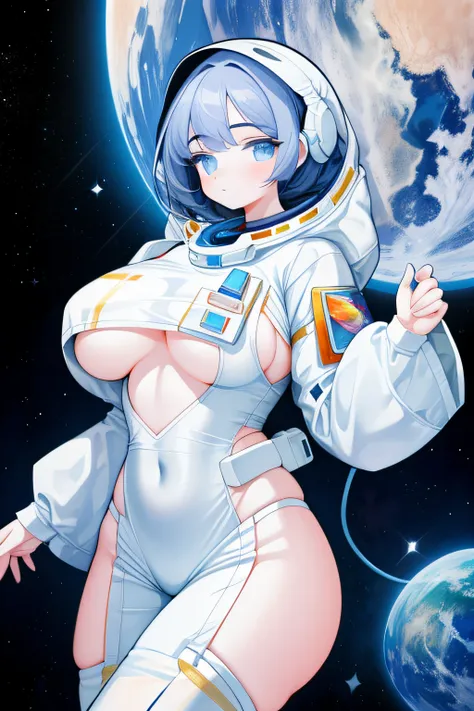 The ethereal cosmic world is dotted with stars，A girl who travels the world in an astronaut costume，The background is a piece of fish，The character is on the side，Beautiful figure，huge boob