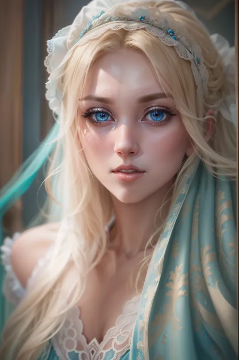 Blonde woman with blue eyes and veil on head、Soft portrait shots 8 k、Photorealistic beautiful face、8K portrait rendering、Realistic beautiful face、beautiful realistic face、photorealistic anime girl render、hyperrealistic beautiful face、8K realistic digital a...