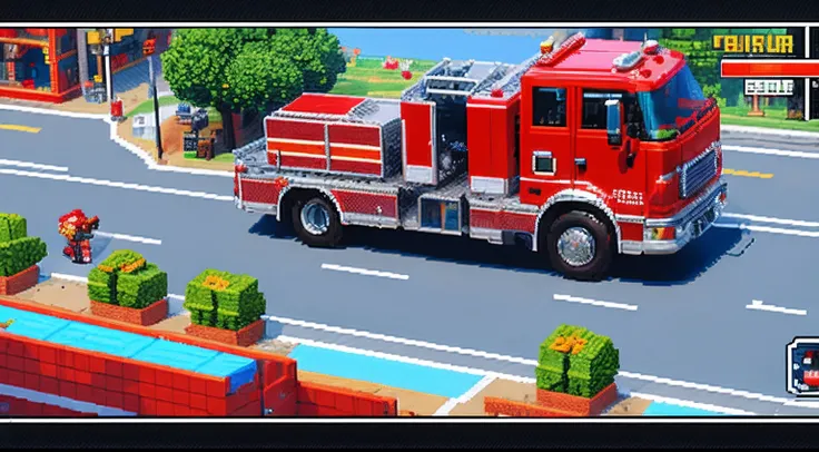 pixel game，scenography，fire truck， Pixel art #pixelart