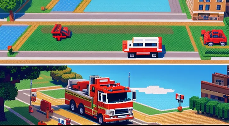 pixel game，scenography，fire truck， Pixel art #pixelart
