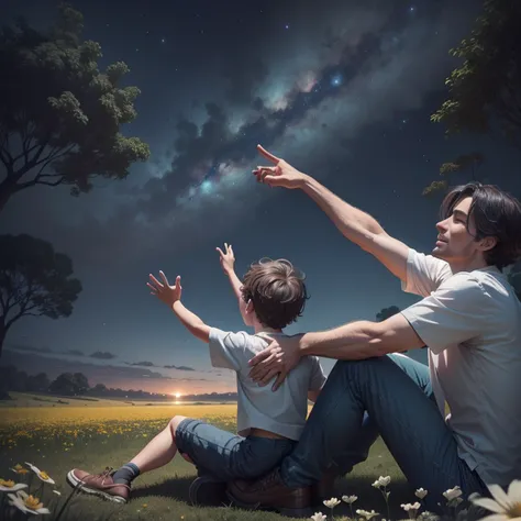 Father and son sitting on the ground watching the starry sky in the midst of nature ezuberantam many trees and flowers, Father Points to Heaven, Theyre smiling and talking, ultrarrealista |, Arte Digital, 8k, Unreal Engine Render 8