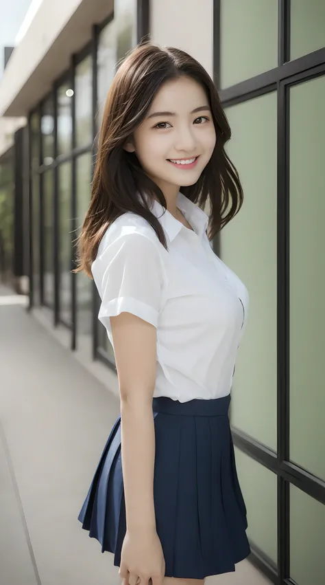 Very detailed 8k wallpaper)、foco nítido、in detail、Drama、Delicate and beautiful schoolgirl、16 yrs old、Sheer white shirt、a short skirt、ligh brown hair、hair adornments、Beautiful and sexy、A smile、Peek at the viewer、Beautiful graphics、Bright school building、Ful...