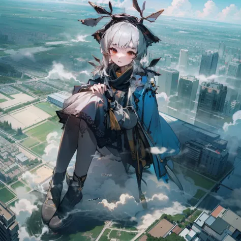 NSFW，Clouds， view over city， Masterpiece, Best quality, Highly detailed,Masterpiece,Best quality,offcial art,Extremely detailed Cg Unity 8K wallpaper，{{{Giantess}}}，Giant，1girll，modern miniature city，A cold expression，Sit on a modern miniature city ，The fe...