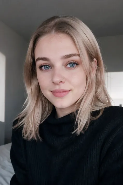 photo instagram, photo de visage en gros plan de 23 ans.o chloe in a black sweater, pale skinned, (sourire:0.4), ombres dures