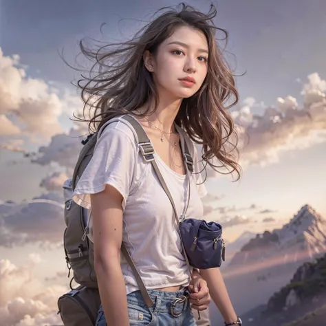 (best quality, hyper realistic photography), magnificent peaks, sea of clouds, a woman watching the sunset, self-shot, ((upper b...