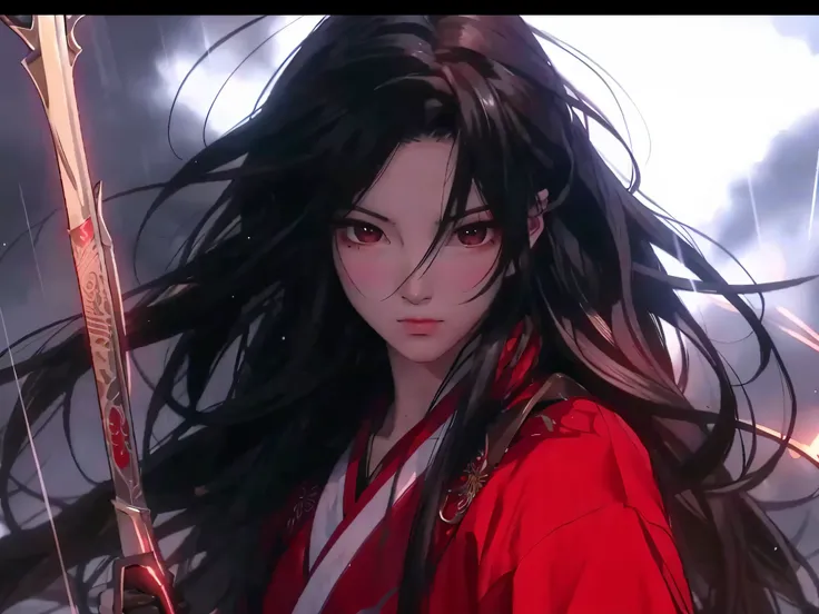 Anime girl with long black hair holding a sword in the rain, handsome guy in demon killer art, xianxia hero, Wuxia, style of anime4 K, anime in fantasy style, by Yang J, Stunning anime face portrait, Anime girl with long hair, Katana Zero video game charac...