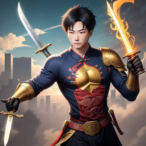 A beauty, Floating in the air, He was surrounded by twenty golden swords。，The background is the sky above the city.Infinite Sword System, Tyndall effect, Glow effects, in the style of anime art, Romantic graffiti, Meticulous, Realistic pop music, neo-fauvi...