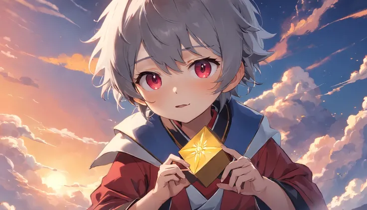 tmasterpiece，best qualtiy，cinematic Film still from，1boy，Cloud Boy，Gray hair，Floating in the sky，closeup cleavage，brightly，cheerfulness，Warm and soft lighting，the sunset，（spark of light：0.7），Close-up of a cartoon cat holding a red envelope, maplestory mous...