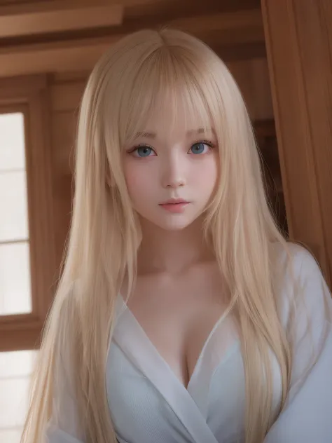 The most beautiful natural blonde hair in the world、bright expression、beautiful bangs、Super Long Straight Hair、Beautiful, clear and bright light blue eyes、Clear white wet dressing gown、European youth、perfect bodies、ultimate beauty girl、The cutest face in t...