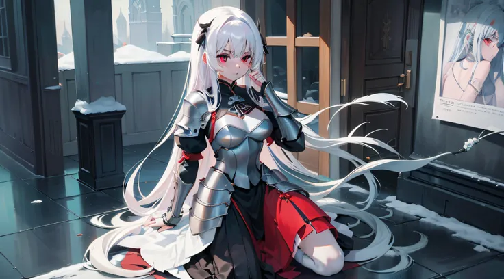 A teenage girl，White hair and red eyes，long whitr hair，Original Character、fantasy concept art、Best shadow、shallowdepthoffield、Portrait of a noble knight、Dignified、Sad expression，streaming tears，Sophisticated tactical heavy armor、Tassel waistband、Hand Guard...