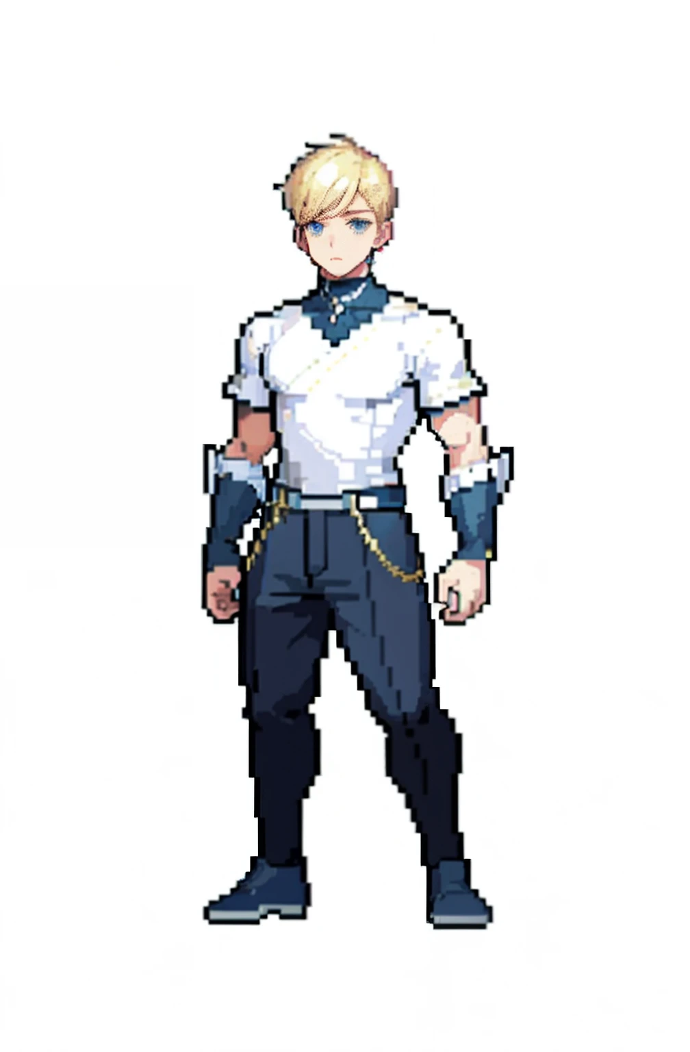 masterpiece, top quality, best quality), pixel,pixel art, 1 boy, fullbody, blonde undercut hair, tall, white background