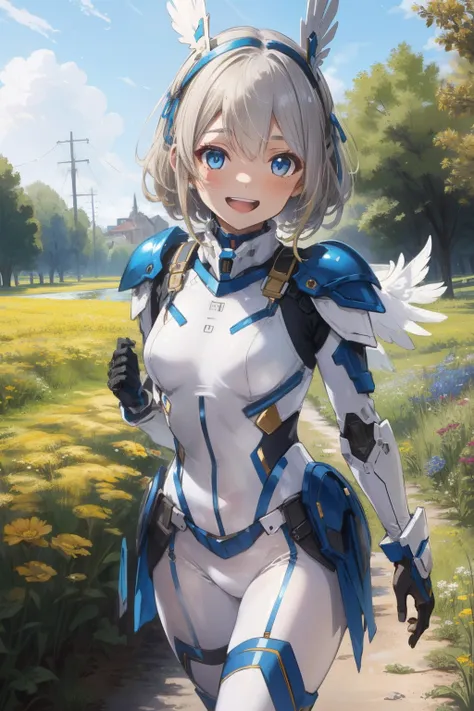 (​master piece, Best Quality),  Intricate details, valkyrie, Happy smile, (((Laugh))), Hand up, Looking at Viewer, Feather Headgear, flower meadow, 
1 girl in, Solo, Portrait, Tentacle plutinum blonde hair, single thighhigh, white Independent single sleeve...