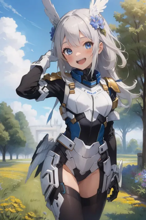 (​master piece, Best Quality),  Intricate details, valkyrie, Happy smile, (((Laugh))), Hand up, Looking at Viewer, Feather Headgear, flower meadow, 
1 girl in, Solo, Portrait, Tentacle plutinum blonde hair, single thighhigh, white Independent single sleeve...