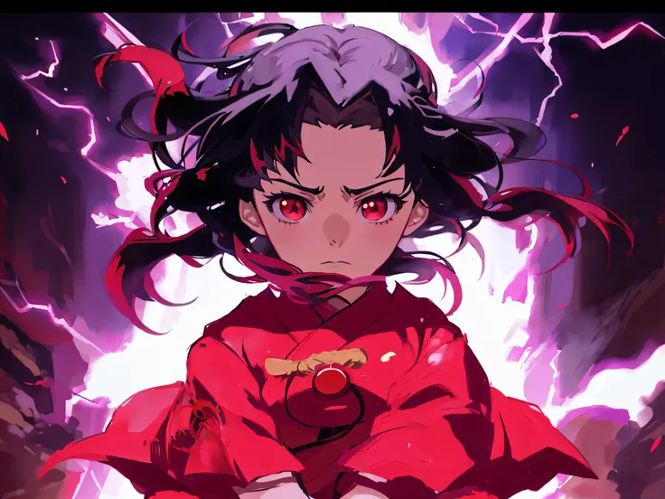 Anime girl in red kimono costume with lightning background, tohsaka-rin, demon slayer artstyle, anime moe art style, anime style like fate/stay night, demon slayer rui fanart, Epic anime style, ufotable art style, akira vibes, Akira in Chinese mythology, D...