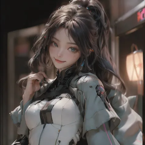 ((best qualtiy)), ((tmasterpiece)), (the detail:1.4), 3D, A beautiful cyberpunk female image,HDR（HighDynamicRange）,1girl, slender figures，Extra-large big breasts，Ultra-fine face, A detailed eye, 二重まぶた，ssmile，Look up at the perspective,