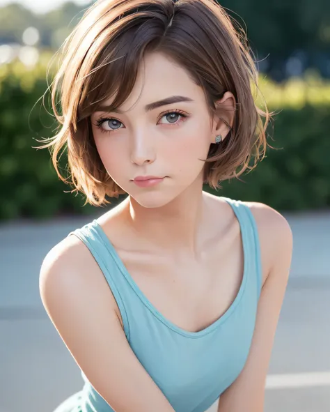 Best Quality, Photorealistic, 8K, hight resolution, fulcolor, girl with, 20yr old female, (Closed mouth:1.73),  fulcolor, Looking at Viewer:1.8, (1girl eyes looking at viewer:1.55), (Short hair, brawn hair, parted hair:1.45), (Bokeh),sports wear,Smaller ch...