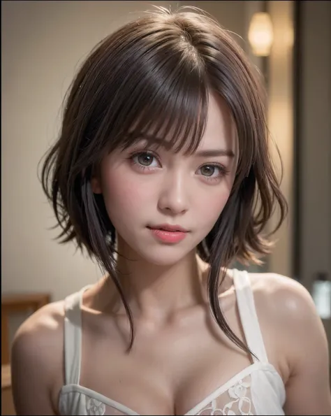 Night, RAW Photography, (((Very Beautiful Portrait))), (Very Beautiful Portrait))), 1 Girl, Sexy 25 Year Old Girl, ((Natural Brown Hair with Short Cuts)), [Brown Eyes],Gentle Smile Staring at the Camera(cleavage), ((Masterpiece, Best Quality, Ultra Detail,...