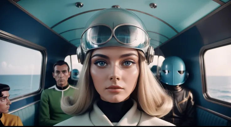 4k portrait of a 1960s sci-fi by Karel Zeman, vogue 1960s, pastel colors, male with a fish mask wearing weird retro futuristic clothes and a female wearing glass helmet and techno ornaments in the bus, natural light, psychedelia, weird futuristic, photorea...