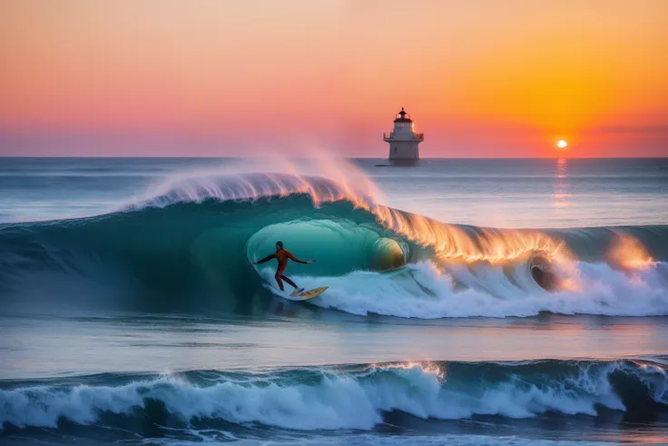 late sunset，in a bay，great waves roll over，the surfers are dressed in orange tracksuits，pierce through the wave hole，lighthouse ...