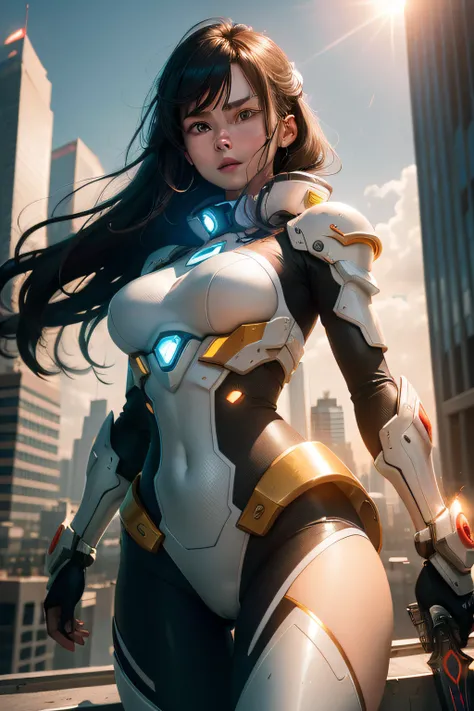 A captivating image of a beautiful, energetic girl standing proudly on a skyscraper rooftop, surrounded by her futuristic, mecha-inspired suit. She wields a large, powerful sword and poses confidently as she gestures with her eyes. The vibrant colors and d...