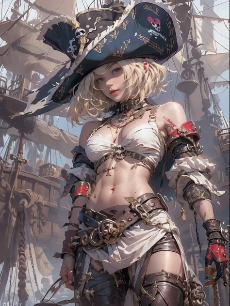 (((of the highest quality: 1.4))),(unparalleled masterpiece ever), (Ultra high definition),(Ultra-realistic 8K CG), offcial art、 (((adult body))), (((1girl in))), ((( Bob Shorthair ))), 25-year-old pirate with a perfect body, Pirate hat with metal spines,B...