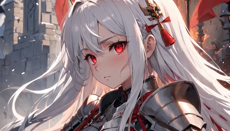 A teenage girl，White hair and red eyes，long whitr hair，Original Character、fantasy concept art、Best shadow、shallowdepthoffield、Portrait of a noble knight、Dignified、Sad expression，streaming tears，Sophisticated tactical heavy armor、Tassel waistband、Hand Guard...