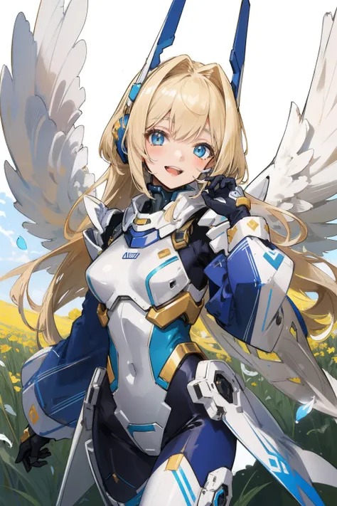 (​master piece, Best Quality),  Intricate details, valkyrie, kawaii, Happy smile, (((Laugh))), Hand up, Looking at Viewer, Feather Headgear, flower meadow, 
1 girl in, Solo, Portrait, Tentacle plutinum blonde hair, single thighhigh, white Independent singl...